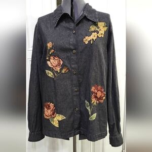 Lemon Grass Black Denim Button Down Blouse With Floral Appliqués Women's Size XL